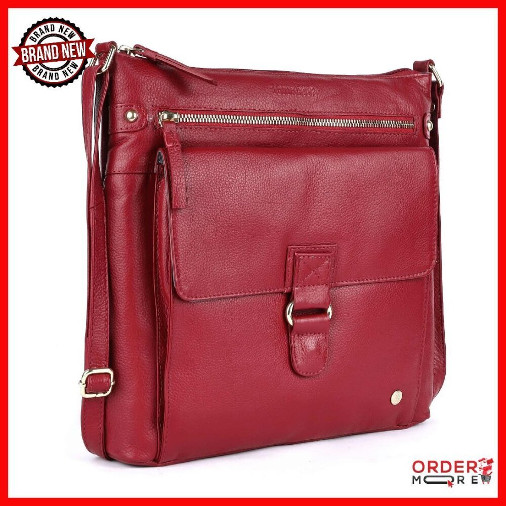 Large Genuine Leather Crossbody Bag with Triple Zip Compartments